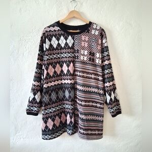 90s Pink And Gray Geometric Patterned Sweater Grunge Statement Maximalist
